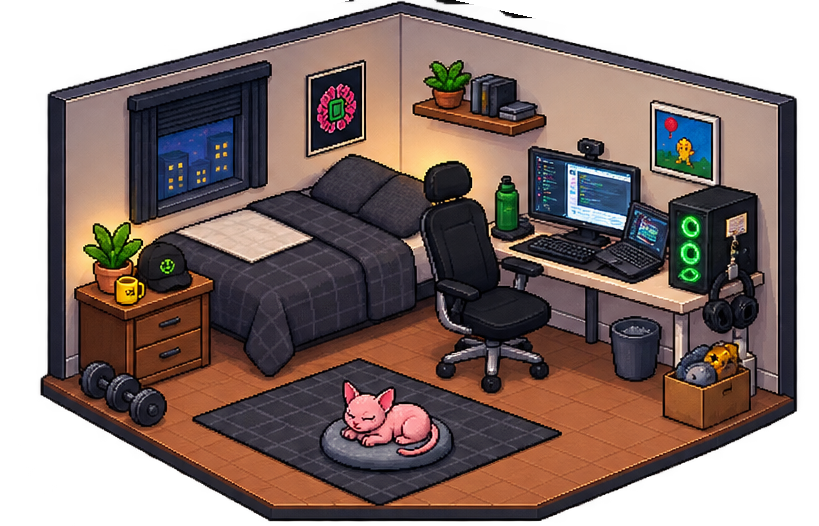 Habitación en pixel art: cama, escritorio con computadora, Sirio el gato dormido en la alfombra y Proxy el robot en el piso