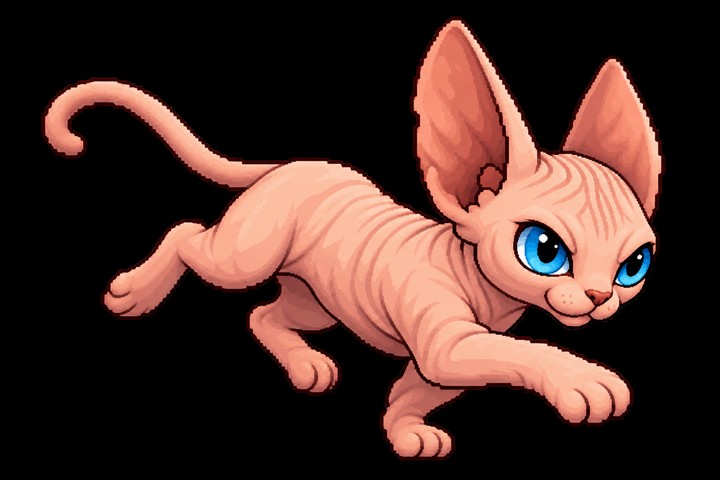 Sirio, el gato sphynx, corriendo en pixel art